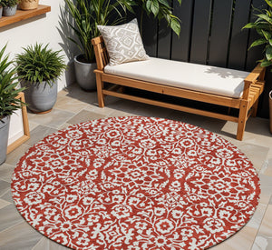 Homeroots 3' Beige And Ivory Damask Washable Indoor Outdoor Area Rug - Stylish, Durable, And Easy To Clean 8' Round Polyester 595189
