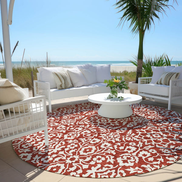 Homeroots 3' Beige And Ivory Damask Washable Indoor Outdoor Area Rug - Stylish, Durable, And Easy To Clean 8' Round Polyester 595189