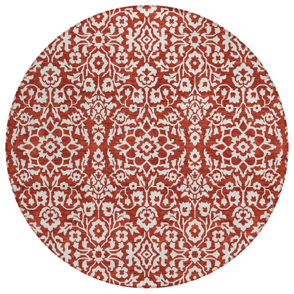 HomeRoots 5' Elegant Red and Ivory Damask Area Rug – Washable, Durable, Ideal for Indoor and Outdoor Spaces 8' Round 595189