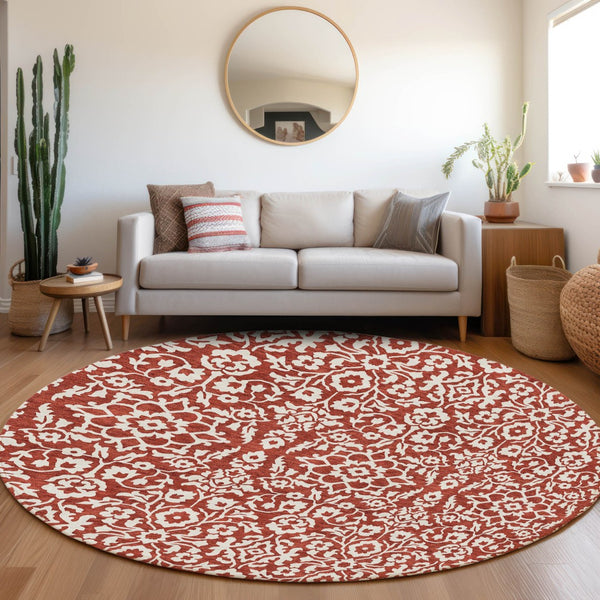Homeroots 3' Beige And Ivory Damask Washable Indoor Outdoor Area Rug - Stylish, Durable, And Easy To Clean 8' Round Polyester 595189