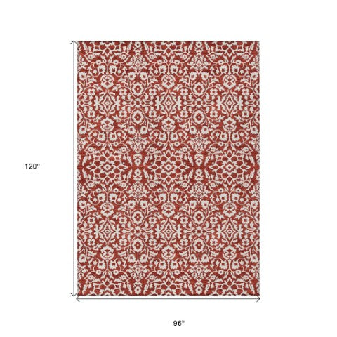Homeroots 3' Beige And Ivory Damask Washable Indoor Outdoor Area Rug - Stylish, Durable, And Easy To Clean 8' X 10' Polyester 595190
