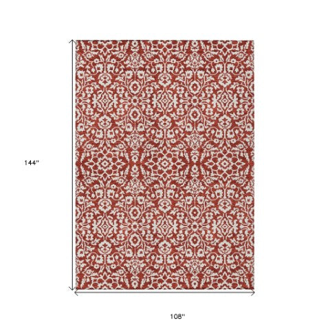 Homeroots 3' Beige And Ivory Damask Washable Indoor Outdoor Area Rug - Stylish, Durable, And Easy To Clean 9' X 12' Polyester 595191