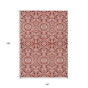 Homeroots 3' Beige And Ivory Damask Washable Indoor Outdoor Area Rug - Stylish, Durable, And Easy To Clean 10' X 14' Polyester 595192