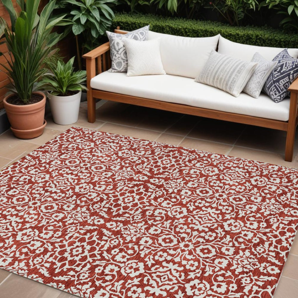 HomeRoots 5' Elegant Red and Ivory Damask Area Rug – Washable, Durable, Ideal for Indoor and Outdoor Spaces 10' X 14' 595192