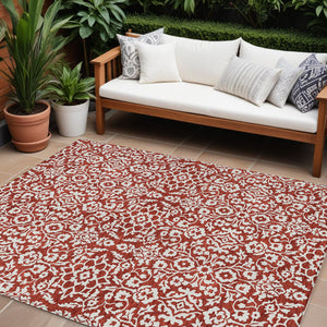 Homeroots 3' Beige And Ivory Damask Washable Indoor Outdoor Area Rug - Stylish, Durable, And Easy To Clean 10' X 14' Polyester 595192