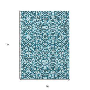 Homeroots 3' Beige And Ivory Damask Washable Indoor Outdoor Area Rug - Stylish, Durable, And Easy To Clean 5' X 8' Polyester 595194