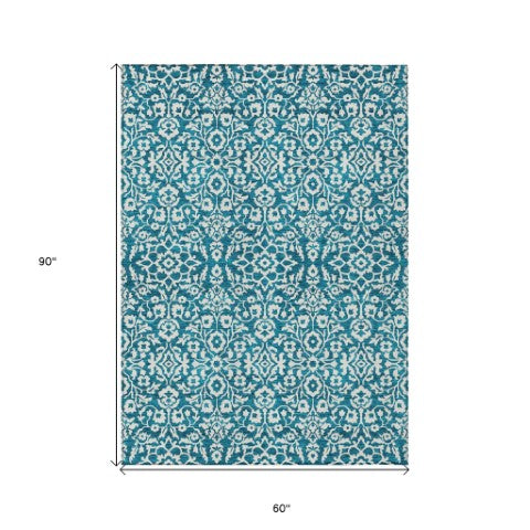 Homeroots 3' Beige And Ivory Damask Washable Indoor Outdoor Area Rug - Stylish, Durable, And Easy To Clean 5' X 8' Polyester 595194