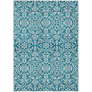 HomeRoots 5' Teal Blue Ivory Damask Area Rug - Elegant, Durable, Washable Design for Indoor and Outdoor Spaces 5' X 8' 595194