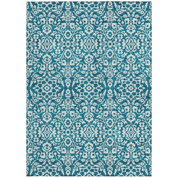 Homeroots 3' Beige And Ivory Damask Washable Indoor Outdoor Area Rug - Stylish, Durable, And Easy To Clean 5' X 8' Polyester 595194