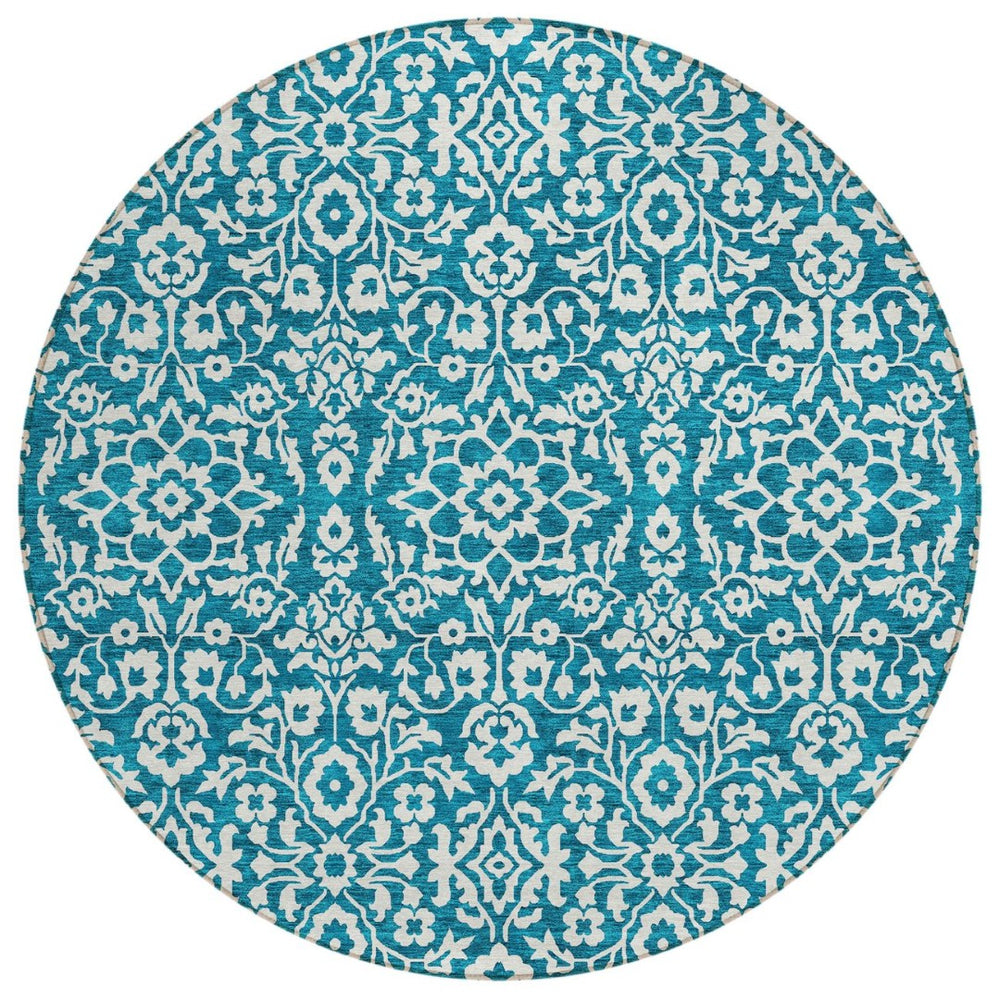 HomeRoots 5' Teal Blue Ivory Damask Area Rug - Elegant, Durable, Washable Design for Indoor and Outdoor Spaces 8' Round 595195