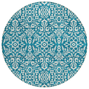 HomeRoots 5' Teal Blue Ivory Damask Area Rug - Elegant, Durable, Washable Design for Indoor and Outdoor Spaces 8' Round 595195