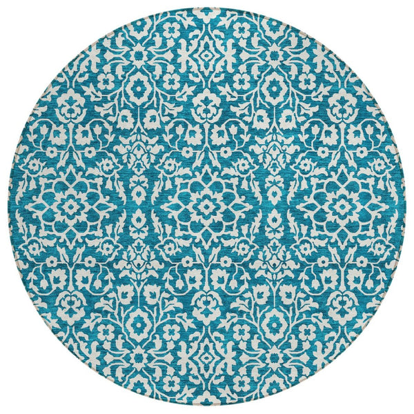 HomeRoots 5' Teal Blue Ivory Damask Area Rug - Elegant, Durable, Washable Design for Indoor and Outdoor Spaces 8' Round 595195