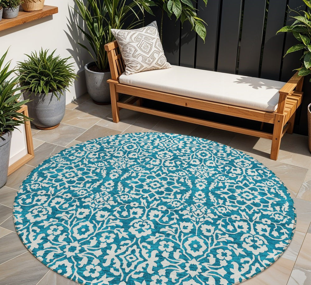 HomeRoots 5' Teal Blue Ivory Damask Area Rug - Elegant, Durable, Washable Design for Indoor and Outdoor Spaces 8' Round 595195