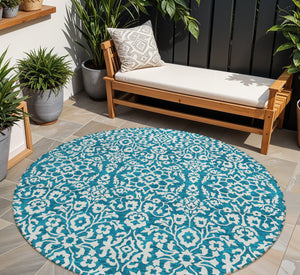 Homeroots 3' Beige And Ivory Damask Washable Indoor Outdoor Area Rug - Stylish, Durable, And Easy To Clean 8' Round Polyester 595195