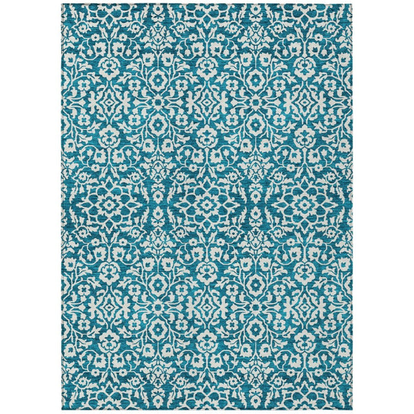 HomeRoots 5' Teal Blue Ivory Damask Area Rug - Elegant, Durable, Washable Design for Indoor and Outdoor Spaces 8' X 10' 595196