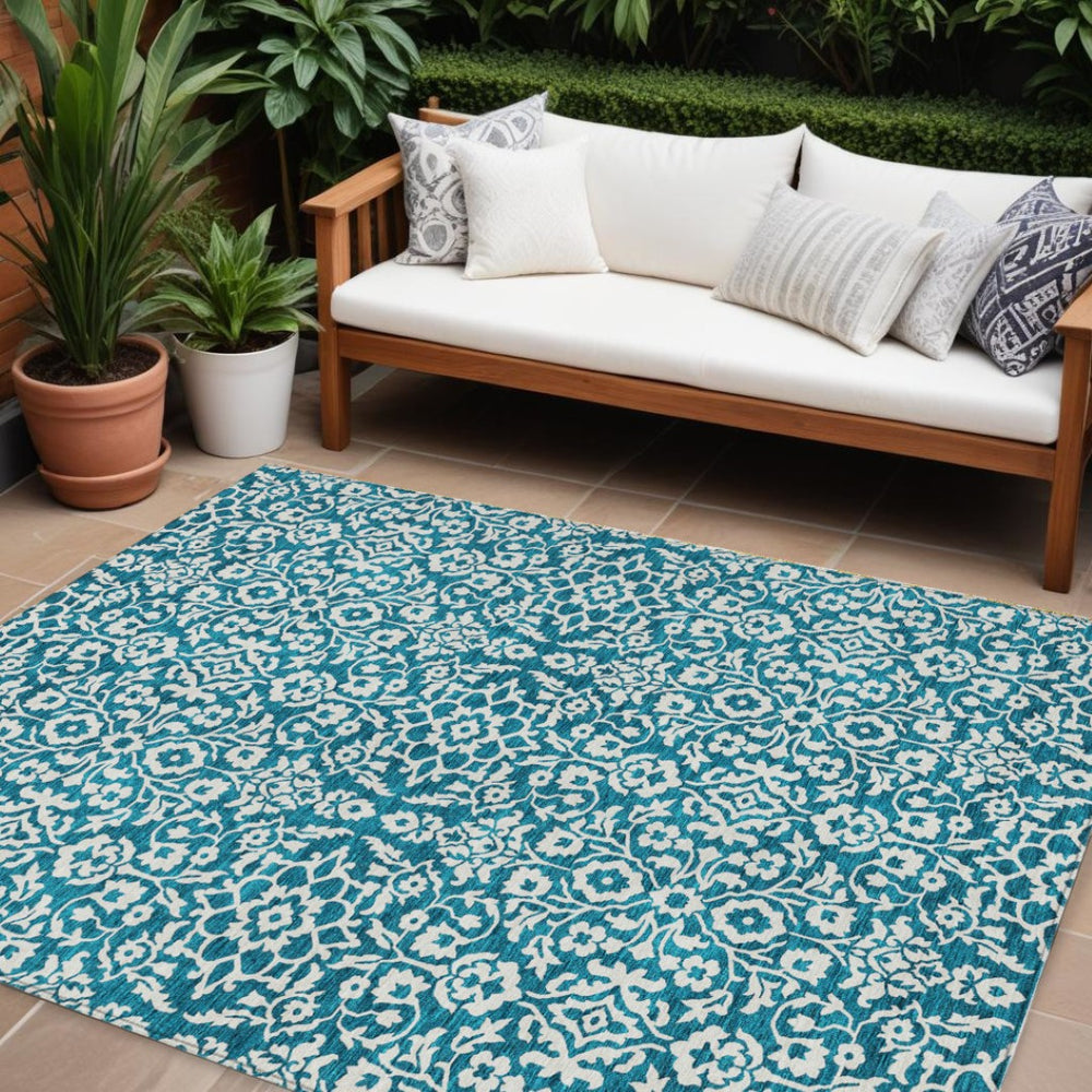 HomeRoots 9' X 12' Teal Blue & Ivory Damask Area Rug - Durable, Washable, Stylish for Indoor & Outdoor Spaces 595197