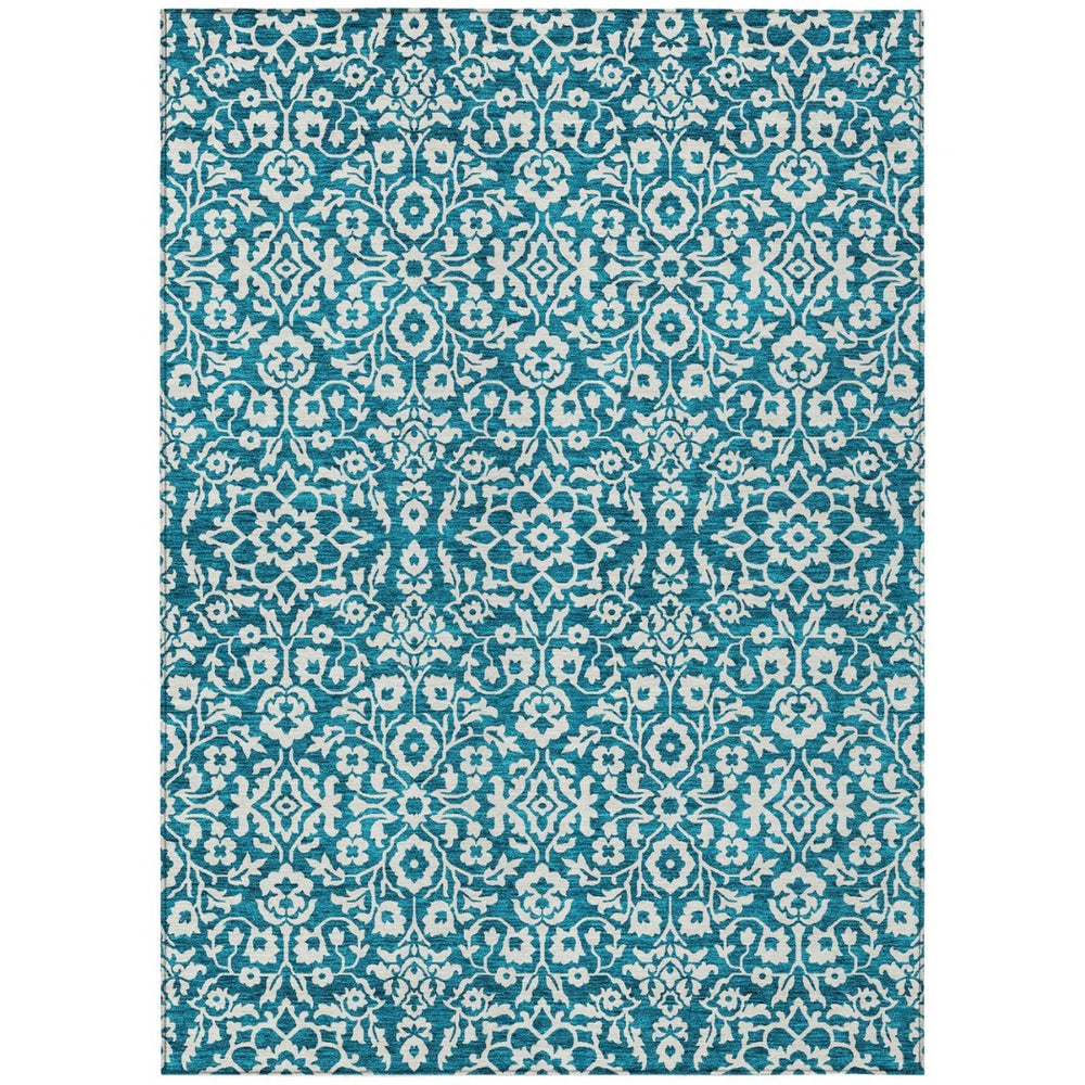 HomeRoots 9' X 12' Teal Blue & Ivory Damask Area Rug - Durable, Washable, Stylish for Indoor & Outdoor Spaces 595197