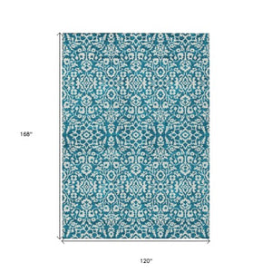 Homeroots 3' Beige And Ivory Damask Washable Indoor Outdoor Area Rug - Stylish, Durable, And Easy To Clean 10' X 14' Polyester 595198