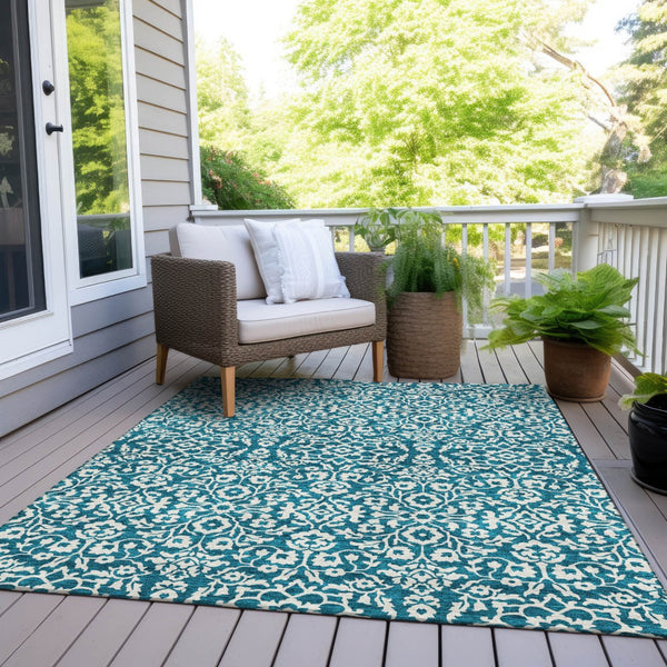 Homeroots 3' Beige And Ivory Damask Washable Indoor Outdoor Area Rug - Stylish, Durable, And Easy To Clean 10' X 14' Polyester 595198
