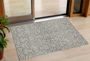 Homeroots 3' Beige And Ivory Damask Washable Indoor Outdoor Area Rug - Stylish, Durable, And Easy To Clean 3' X 5' Polyester 595199