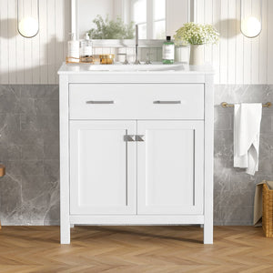 English Elm 30-inch Modern Bathroom Vanity with Ceramic Sink, Gold Accents, Solid Wood Frame, Soft-Close Doors and Ample Storage White WF324045AAK