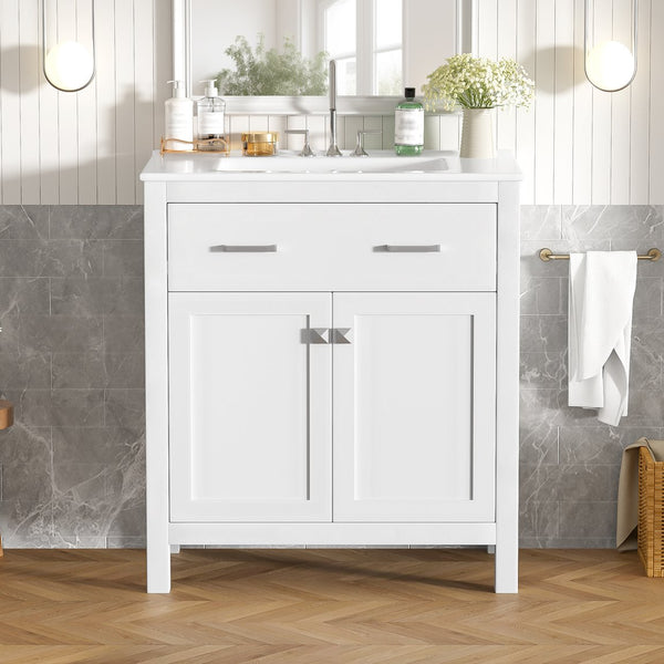 English Elm 30-inch Modern Bathroom Vanity with Ceramic Sink, Gold Accents, Solid Wood Frame, Soft-Close Doors and Ample Storage White WF324045AAK