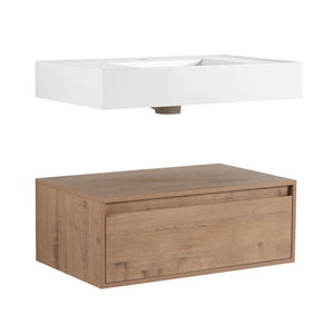 English Elm 30 Inch Wall-Mounted Bathroom Vanity Set With Resin Sink, Soft-Close Drawers & Storage Cabinets W999S00268