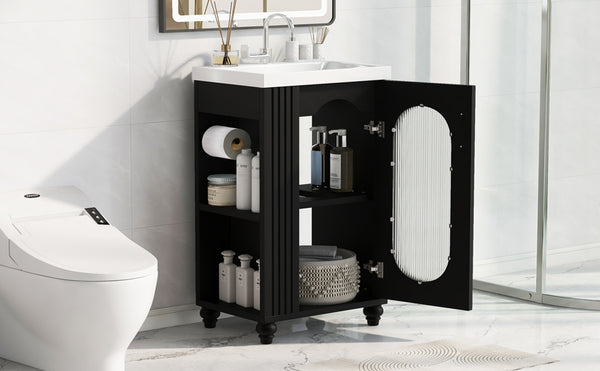 English Elm 20" Bathroom Vanity with Sink Compact Modern Freestanding MDF & Ceramic Undermount Sink Cabinet with Door and Two-Tier Shelf, Toilet Paper Holder, Adjustable Shelf, Sleek Rectangular Design Black N725P246925B