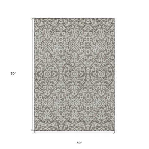 Homeroots 3' Beige And Ivory Damask Washable Indoor Outdoor Area Rug - Stylish, Durable, And Easy To Clean 5' X 8' Polyester 595200