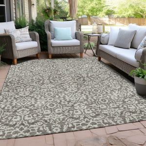 Homeroots 3' Beige And Ivory Damask Washable Indoor Outdoor Area Rug - Stylish, Durable, And Easy To Clean 5' X 8' Polyester 595200