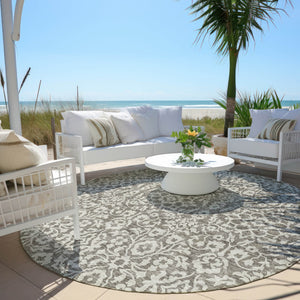 Homeroots 3' Beige And Ivory Damask Washable Indoor Outdoor Area Rug - Stylish, Durable, And Easy To Clean 8' Round Polyester 595201