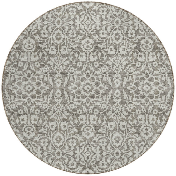 Homeroots 3' Beige And Ivory Damask Washable Indoor Outdoor Area Rug - Stylish, Durable, And Easy To Clean 8' Round Polyester 595201