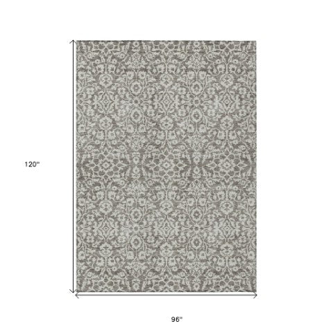 Homeroots 3' Beige And Ivory Damask Washable Indoor Outdoor Area Rug - Stylish, Durable, And Easy To Clean 8' X 10' Polyester 595202