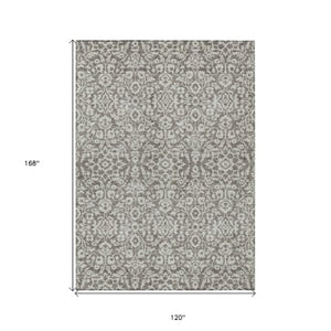 Homeroots 3' Beige And Ivory Damask Washable Indoor Outdoor Area Rug - Stylish, Durable, And Easy To Clean 10' X 14' Polyester 595204