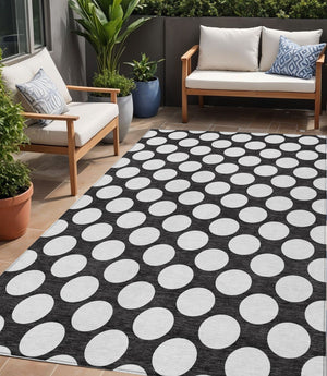 Homeroots 3' Black And Ivory Polka Dot Washable Area Rug For Home, Patio, Porch, And High Traffic Spaces 5' X 8' Polyester 595206