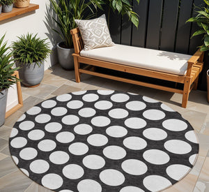 Homeroots 3' Black And Ivory Polka Dot Washable Area Rug For Home, Patio, Porch, And High Traffic Spaces 8' Round Polyester 595207