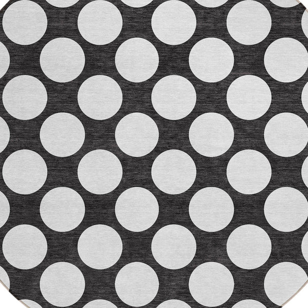 Homeroots 3' Black And Ivory Polka Dot Washable Area Rug For Home, Patio, Porch, And High Traffic Spaces 8' Round Polyester 595207