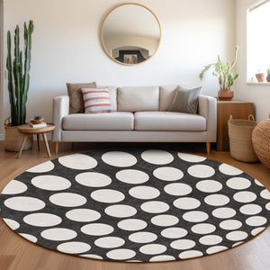 Homeroots 3' Black And Ivory Polka Dot Washable Area Rug For Home, Patio, Porch, And High Traffic Spaces 8' Round Polyester 595207