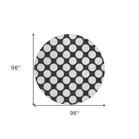 Homeroots 3' Black And Ivory Polka Dot Washable Area Rug For Home, Patio, Porch, And High Traffic Spaces 8' Round Polyester 595207