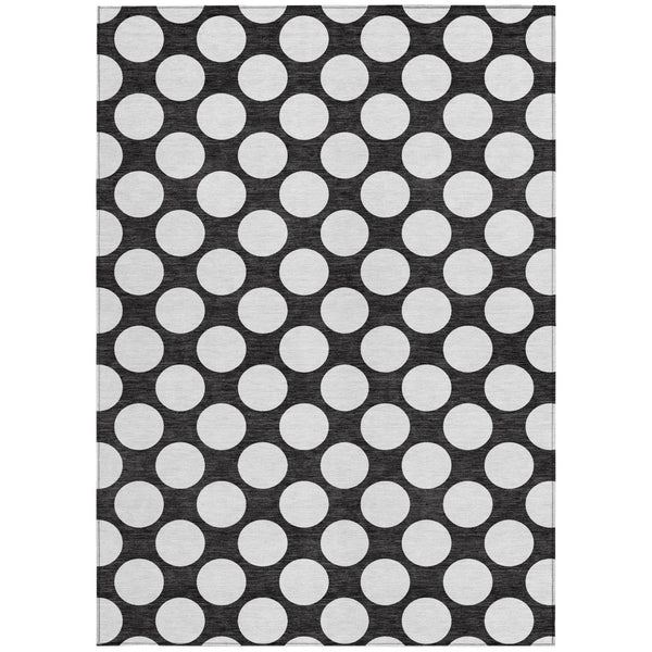 Homeroots 3' Black And Ivory Polka Dot Washable Area Rug For Home, Patio, Porch, And High Traffic Spaces 8' X 10' Polyester 595208