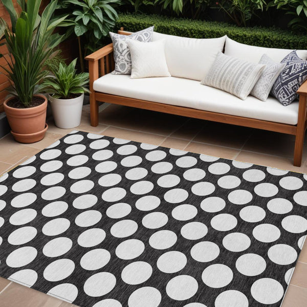 Homeroots 3' Black And Ivory Polka Dot Washable Area Rug For Home, Patio, Porch, And High Traffic Spaces 8' X 10' Polyester 595208