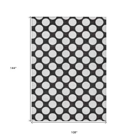 Homeroots 3' Black And Ivory Polka Dot Washable Area Rug For Home, Patio, Porch, And High Traffic Spaces 9' X 12' Polyester 595209
