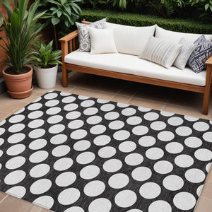 Homeroots 3' Black And Ivory Polka Dot Washable Area Rug For Home, Patio, Porch, And High Traffic Spaces 9' X 12' Polyester 595209