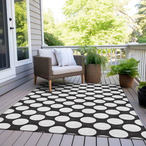 Homeroots 3' Black And Ivory Polka Dot Washable Area Rug For Home, Patio, Porch, And High Traffic Spaces 10' X 14' Polyester 595210