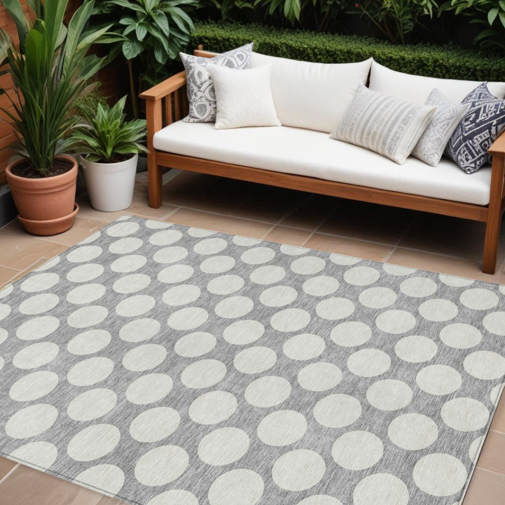 HomeRoots 9' X 12' Gray and Silver Polka Dot Indoor/Outdoor Area Rug – Stylish, Washable, and Durable Design! 595233