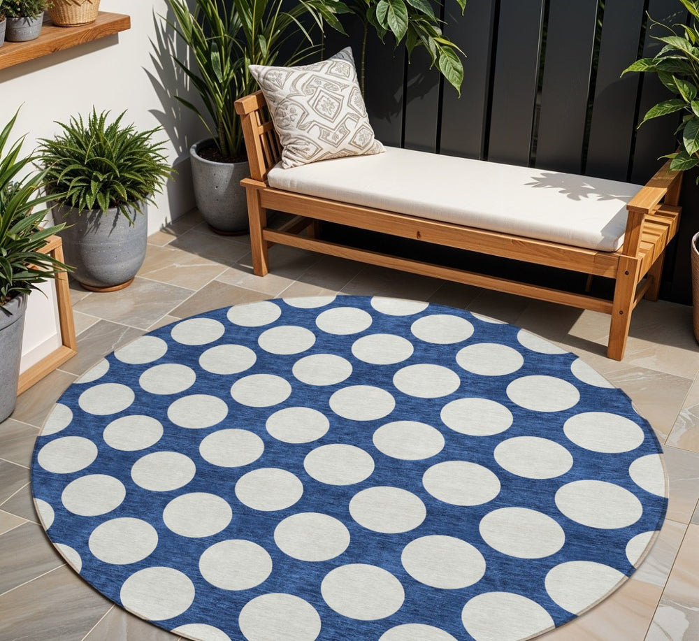 HomeRoots 5' Navy Blue and Ivory Polka Dot Area Rug - Stylish, Durable Indoor/Outdoor Accent for Any Space 8' Round 595255