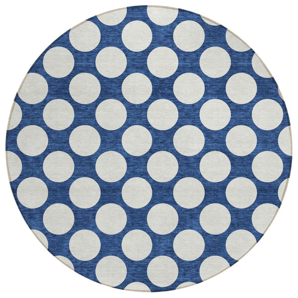 HomeRoots 5' Navy Blue and Ivory Polka Dot Area Rug - Stylish, Durable Indoor/Outdoor Accent for Any Space 8' Round 595255