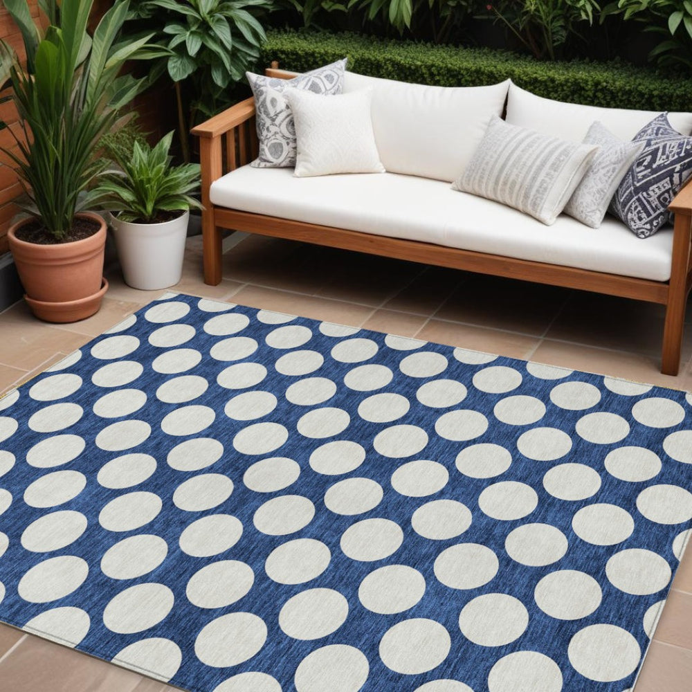 HomeRoots 9' X 12' Navy Blue And Ivory Polka Dot Rug - Durable, Washable Indoor/Outdoor Area Mat for Any Space 595257