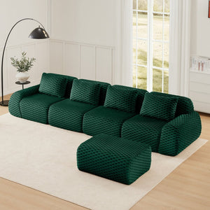 English Elm 146" Modular L-shaped Sectional Flannelette Sofa with Ottoman Tool-free Living Room Setup Green W714S01529