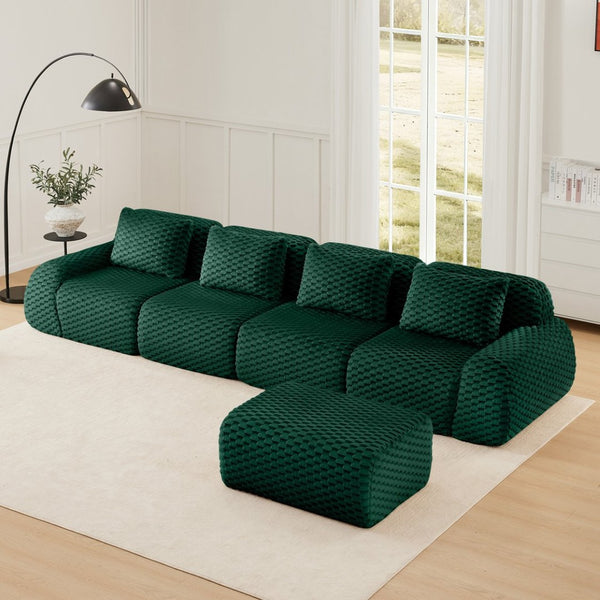 English Elm 146" Modular L-shaped Sectional Flannelette Sofa with Ottoman Tool-free Living Room Setup Green W714S01529
